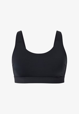 Black sports bra with wide straps, round neckline, and smooth texture. Features a supportive, stretchy design for comfort during activities.