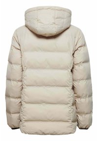 Beige Daunenjacke mit Kapuze, mit gestepptem Design, gerippten Bündchen und einem leicht lockeren Sitz. Die Rückansicht zeigt horizontale Nähte.