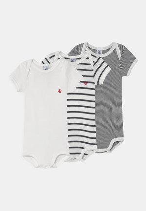 Three short-sleeve bodysuits: one white, one black and white striped, and one gray with fine stripes. Cotton fabric with snap closures.