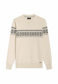Jasnobeżowy sweter wykonany z dzianiny z czarnym geometrycznym wzorem na klatce piersiowej. Okrągły dekolt, długie rękawy oraz ściągacze przy rękawach i na dole.