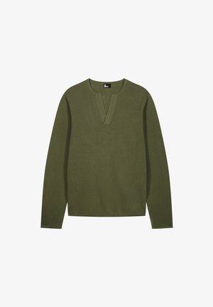 Long-sleeve olive green shirt with a V-shaped notch neckline and a plain front, displayed on a white background.