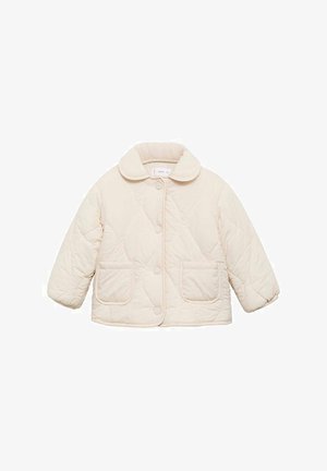 Helle beigefarbene gesteppte Jacke mit rundem Kragen, die zwei Fronttaschen und Knopfverschlüsse hat. Geeignet für kühleres Wetter.