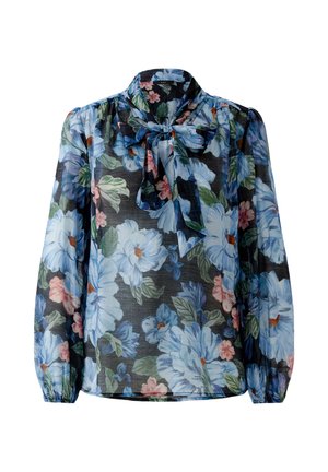 Doorzichtige zwarte blouse met grote blauwe en roze bloemenprint, lange opgeblazen mouwen en een strik aan de kraag.
