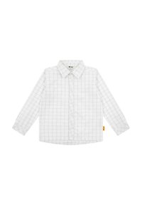 Camicia bianca a maniche lunghe con motivo a scacchi, dotata di bottoni, colletto classico e una piccola etichetta con logo arancione sul lato.