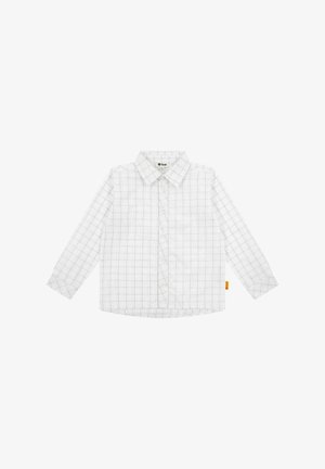 Bílá košile s dlouhým rukávem a kostkovaným vzorem, se zapínáním na knoflíky, klasickým límečkem a malou oranžovou štítkovou značkou na boku.