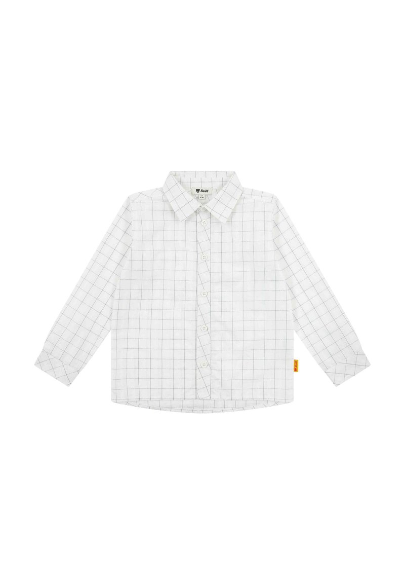Camicia bianca a maniche lunghe con motivo a scacchi, dotata di bottoni, colletto classico e una piccola etichetta con logo arancione sul lato.