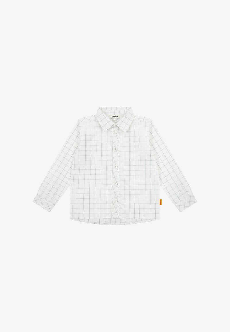 Camicia bianca a maniche lunghe con motivo a scacchi, dotata di bottoni, colletto classico e una piccola etichetta con logo arancione sul lato.