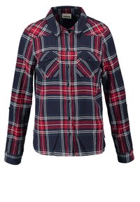 Camicia di flanella a quadri in blu scuro, rosso e bianco. Presenta un colletto appuntito, due tasche sul petto, maniche lunghe e chiusura con bottoni.