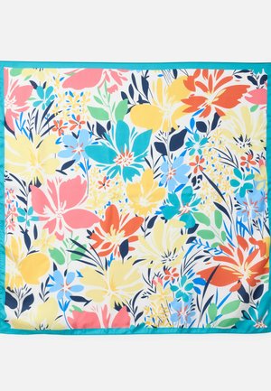 Tessuto quadrato con grande motivo floreale multicolore in giallo, corallo, blu, verde e arancione, bordato da un turchese uniforme.