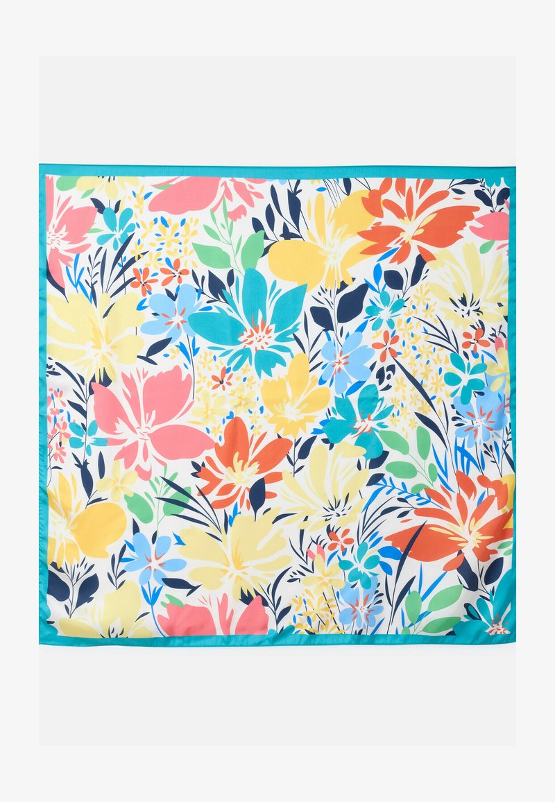 Tissu carré avec grand motif floral multicolore en jaune, corail, bleu, vert et orange, bordé d’un uni turquoise.