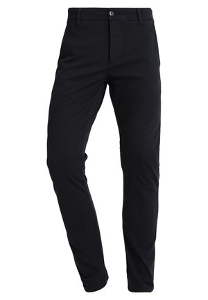 Schwarze Slim-Fit-Hosen aus einem glatten Stoff mit klassischem Sechs-Taschen-Design. Verfügt über einen Knopf- und Reißverschluss, flachen Front und minimalistischen Stil.