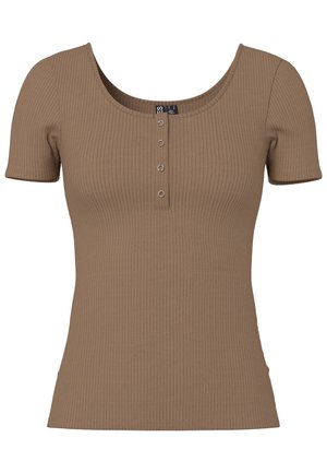 Pruun soonikuga lühikeste varrukatega top, millel on ümar kaelus ja ees nelja väikese ümmarguse hõbedase nupuga plastron.