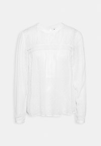 Blusa bianca a maniche lunghe realizzata in un tessuto leggero e testurizzato. Presenta un pannello con bordo in pizzo sulla parte anteriore e un collo rotondo.