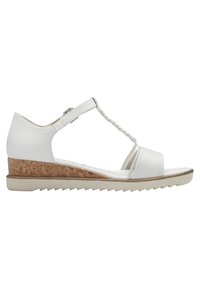 Sandale compensée en cuir blanc avec un design en liège, présentant une sangle torsadée, une bout ouvert et une semelle texturée.