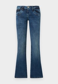 Jeans en denim évasés de couleur bleu foncé avec un délavage, dotés d'une fermeture à bouton, de deux poches avant et d'une finition texturée.