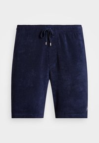 Mörkblå shorts i mjukt frottétyg, med elastisk midja och dragsko samt små sidoflikar. Polerade metallelement.