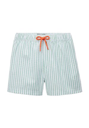 Shorts de bain blancs avec des rayures verticales vertes et un cordon de serrage orange noué en un arc à la taille élastique.