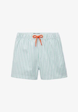 Shorts de bain blancs avec des rayures verticales vertes et un cordon de serrage orange noué en un arc à la taille élastique.