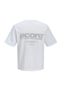 T-shirt en coton blanc avec un grand logo gris au dos, accompagné d'un texte supplémentaire en petits caractères gris sous le logo. Manches courtes.