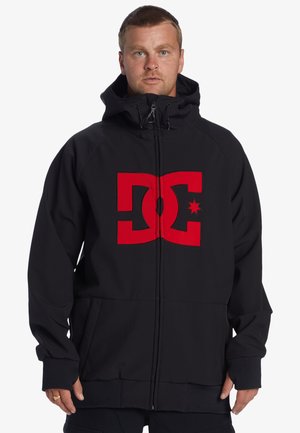 Giacca nera con cappuccio caratterizzata da un ampio logo rosso DC sul davanti, con polsini elasticizzati e tasche laterali, realizzata in materiale morbido e resistente.