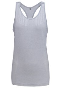 Canottiera atletica grigia con texture a coste, caratterizzata da un design racerback e una forma aderente. Tessuto liscio con cuciture ridotte al minimo.