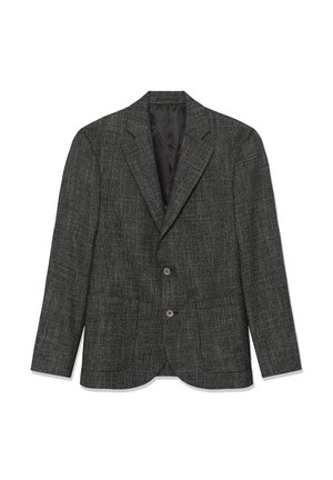 Pelēks teksturēts žakets ar izgrieztiem reģipša galiem, divām priekšējām kabatām un divu pogu aizdari. Iekšpuses oderējums ar tonāla šuvju detaļām.