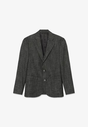 Šedý textúrovaný blejzer s výstrihom do tvaru V, dvoma prednými vreckami a dvojitému zapínaniu na gombíky. Podšitý interiér s tonálnymi prešívacími detailmi.