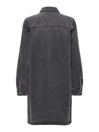 Spijkerjurk in vervaagd zwart met lange mouwen, kraag en manchetten met knopen. Heeft een ruginkeping en een rechte pasvorm. Eenvoudig, onopgesmukt ontwerp.