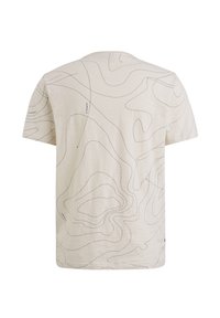 Beige t-shirt met een ronde hals en korte mouwen, met een zwart contourlijnpatroon over de stof.