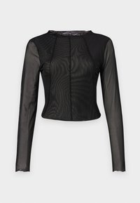 Črni dolgi rokavi mrežast zgornji del s tesnim krojem, okroglim izrezom in subtilno teksturo. Ima šive spredaj in zadaj za strukturo.