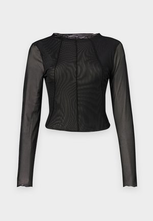 Haut en mesh noir à manches longues, au design ajusté, avec un col rond et une texture subtile. Présente des coutures à l'avant et à l'arrière pour plus de structure.