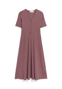 Dusty rose, knee-length dress in soft jersey fabric. Features short sleeves, a V-neck, and button front closure. Flared from the waist.