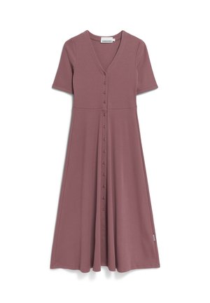 Dusty rose, knee-length dress in soft jersey fabric. Features short sleeves, a V-neck, and button front closure. Flared from the waist.