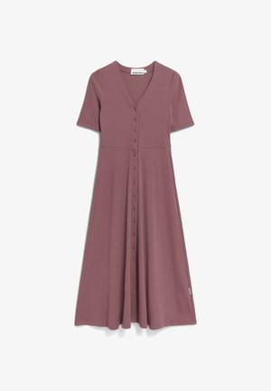 Stofzuiger roze, knielange jurk van zachte jersey stof. Heeft korte mouwen, een V-hals en knoopsluiting aan de voorkant. Uitlopend vanaf de taille.