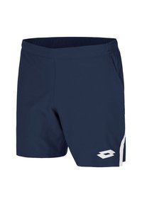 Navy blue athletic shorts with elastic waistband, side pockets, a white logo on the left leg, and white stripe detailing on the side.
