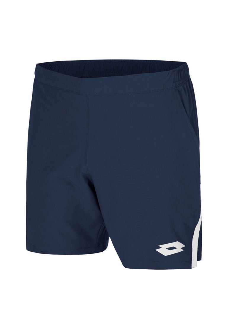 Navy blue athletic shorts with elastic waistband, side pockets, a white logo on the left leg, and white stripe detailing on the side.