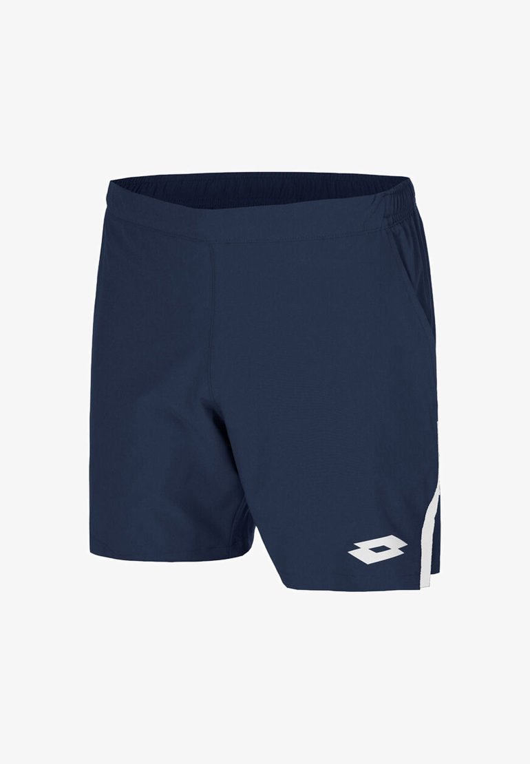 Calções atléticos azul marinho com cintura elástica, bolsos laterais, um logótipo branco na perna esquerda e detalhes em riscas brancas na lateral.