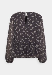 Blusa de mangas longas em tecido preto transparente com pequeno estampado floral em branco e amarelo, apresentando uma bainha pregueada e um fecho em forma de olho de fechadura nas costas.