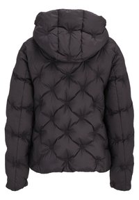 Kurtka puchowa w ciemnoszarym kolorze, z kapturem, pikowanym wzorem z marszczonymi detalami oraz elastycznymi mankietami. Gładka, miękka tekstura.