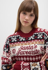 Knit sweater in red, cream, and navy featuring winter motifs, snowflakes, and the text "Santa's Favourite" in a bold font, with ribbed cuffs.