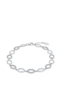 Silverfärgad armband med växelvisa ovala länkar, varav vissa är prydda med små klara rhinestones. Stånglås med förlängningskedja och hjärtaccent.