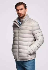 Hellgraue Steppjacke mit vertikaler Rautensteppung, hohem Kragen, Reißverschluss und Seitentaschen. Das Material wirkt weich und gepolstert.