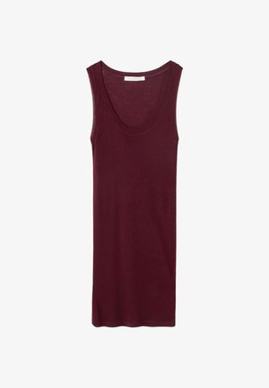 Burgundské bezrukávové tričko vyrobené z jemné látky, s hlubokým výstřihem a přiléhavým střihem, s hladkým povrchem a bez viditelných akcentů.