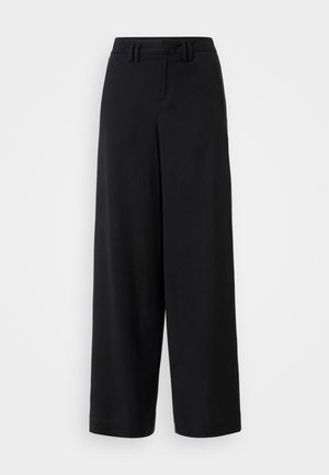 Sorte brede bukser laget av glatt stoff, med flat frontdesign, plisserte detaljer og beltehemper i midjen.