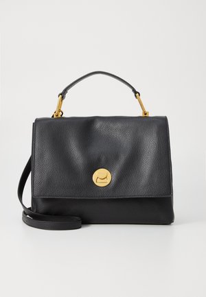Black leather handbag with a textured finish, featuring a gold hardware clasp and a detachable shoulder strap, rectangular shape.