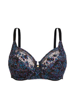 Soutien-gorge en dentelle noir avec des motifs floraux vifs en bleu et rose, soutien-gorge avec armatures, et bretelles noires ajustables. Présente un accent décoratif en or.