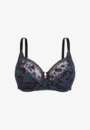 Soutien-gorge en dentelle noir avec des motifs floraux vifs en bleu et rose, soutien-gorge avec armatures, et bretelles noires ajustables. Présente un accent décoratif en or.