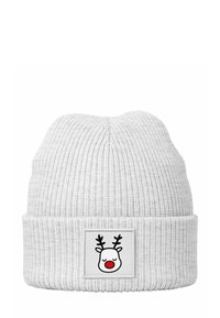 White knit beanie with a folded cuff featuring a square patch of a reindeer face with a red nose, black antlers, and closed eyes.