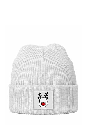White knit beanie with a folded cuff featuring a square patch of a reindeer face with a red nose, black antlers, and closed eyes.