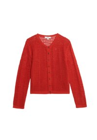 Cardigan rosso lavorato a maglia con scollatura a V, maniche lunghe e chiusura frontale a bottoni. Presenta una texture a maglia larga e aperta e un orlo a coste.